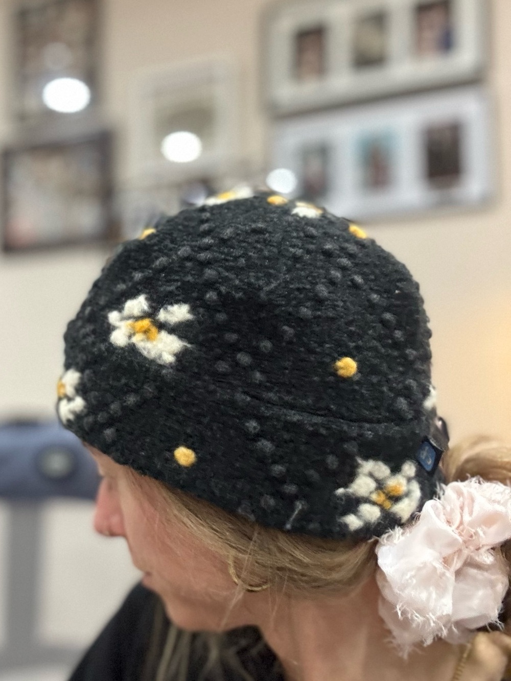Black Floral Embroidered Knit Beanie Hat